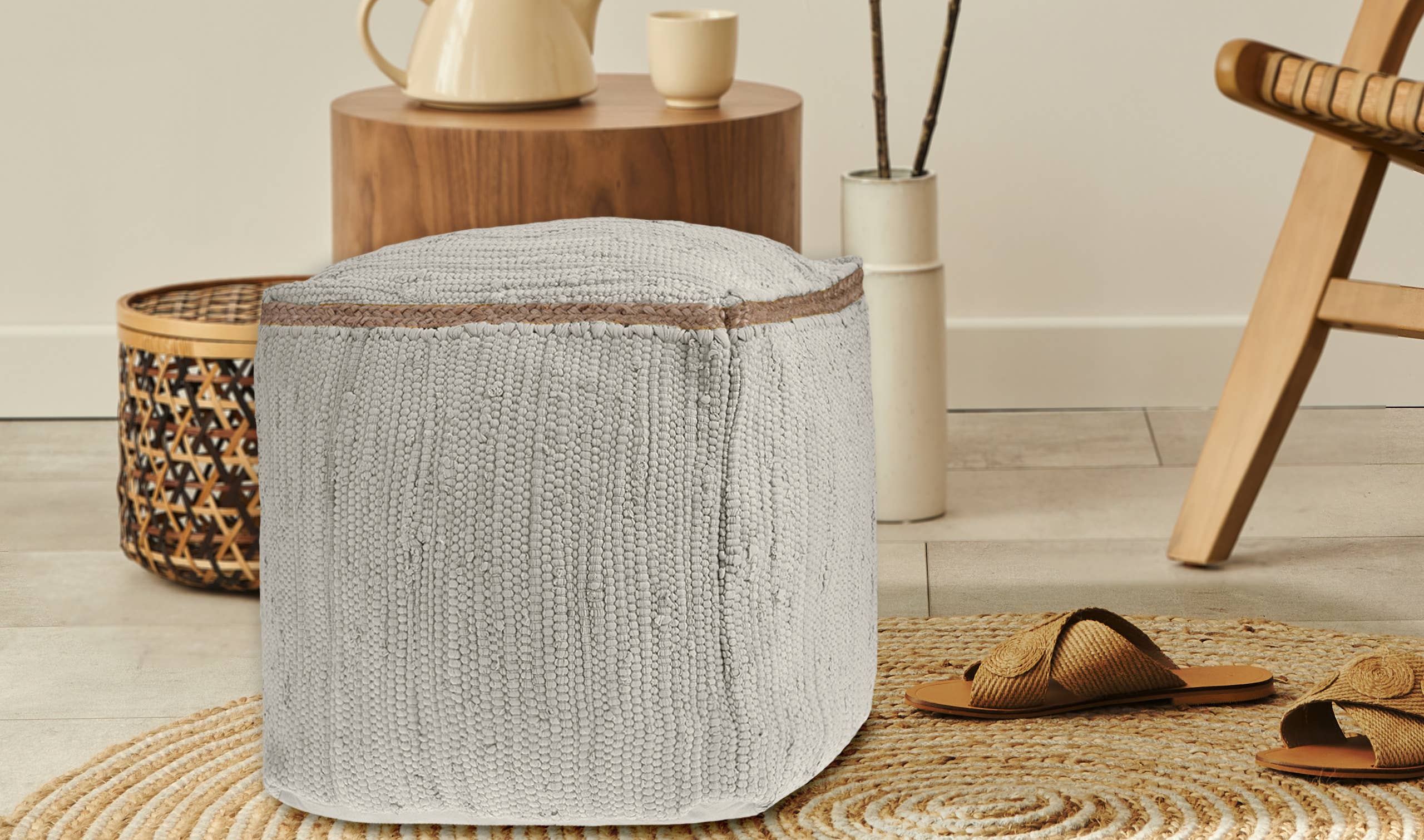 Hand-Loomed Organic Cotton Pouf with Jute Braid: Birch