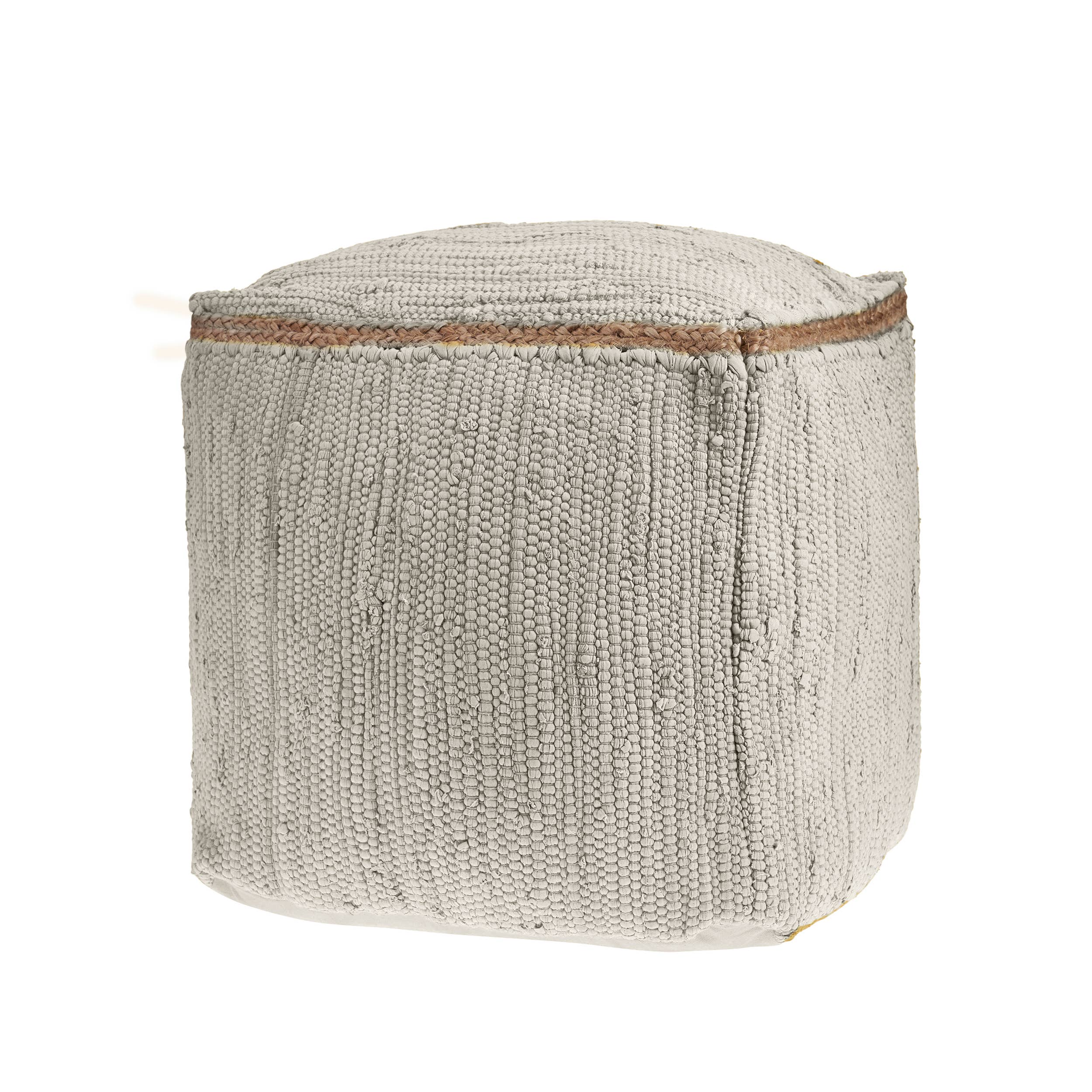 Hand-Loomed Organic Cotton Pouf with Jute Braid: Birch